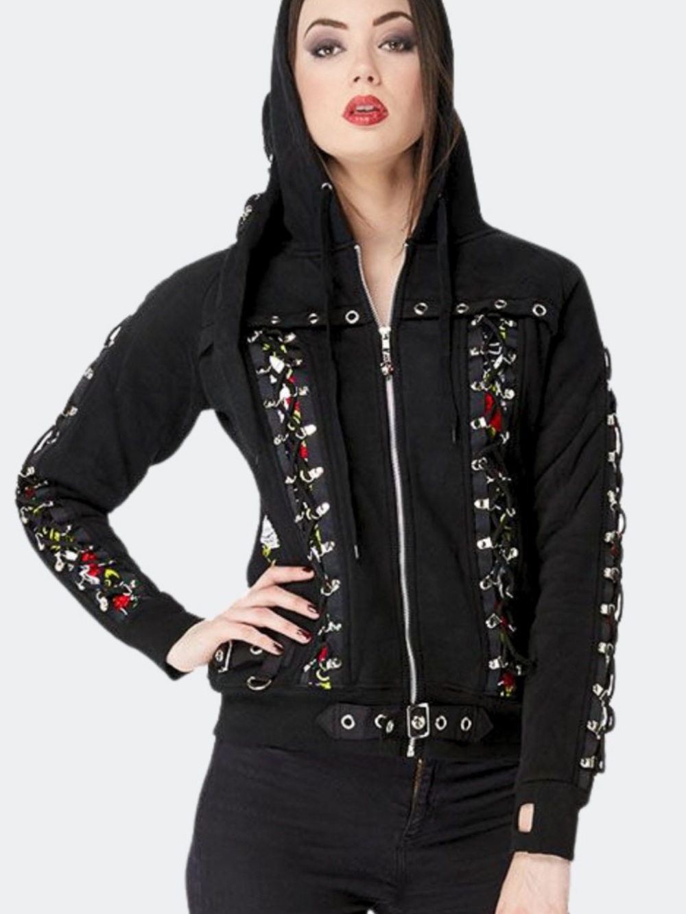 Banned Alternative Pixie Skull Hoodie Large Black Roses Lace Up Gothic Large